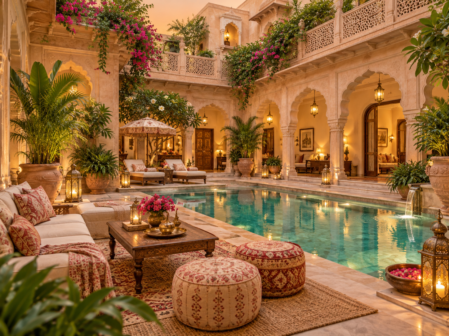Lantern-lit haveli courtyard in Jaipur with a pool and bougainvillea at dusk